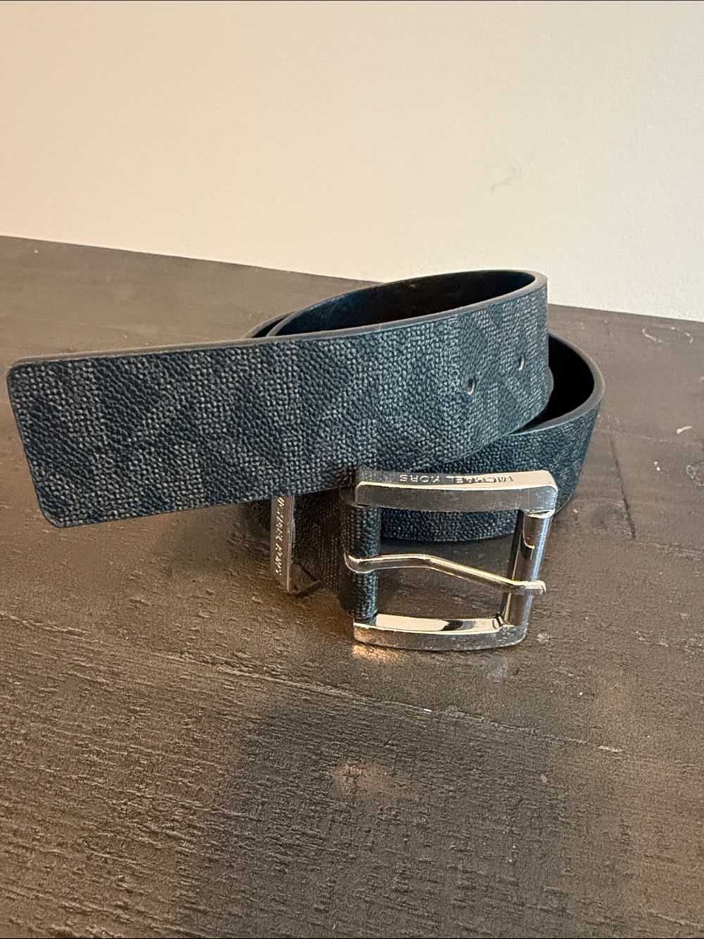 Michael Kors Black Textured Leather Belt with Silver Buckle